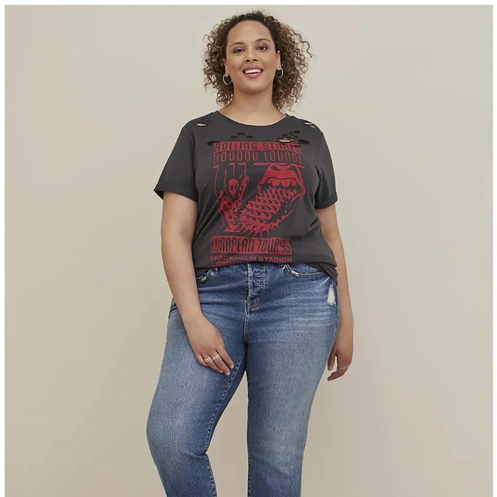 torrid Charcoal Black Distressed Rolling Stones Graphic Tunic with Red Print - Picture 3 of 4